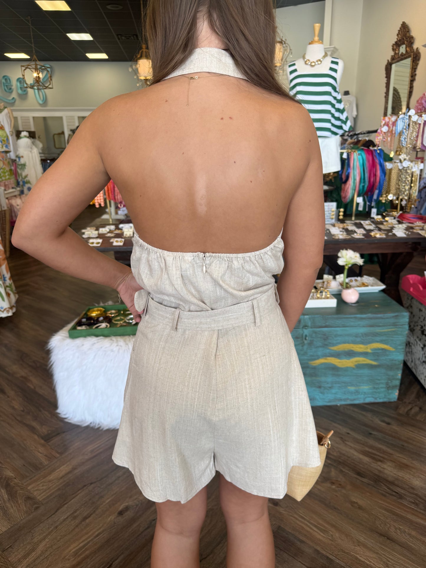 Belted Linen Romper: Tan