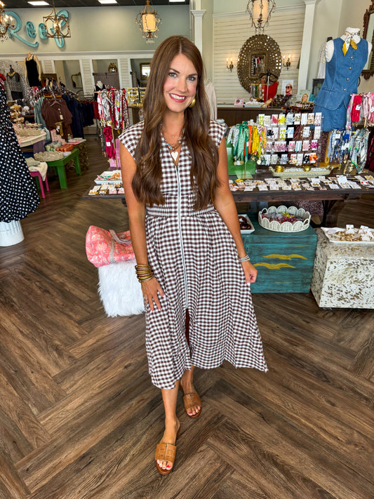 Gingham Zipper Midi Dress: Brown