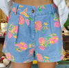 Coral Denim Flower Shorts