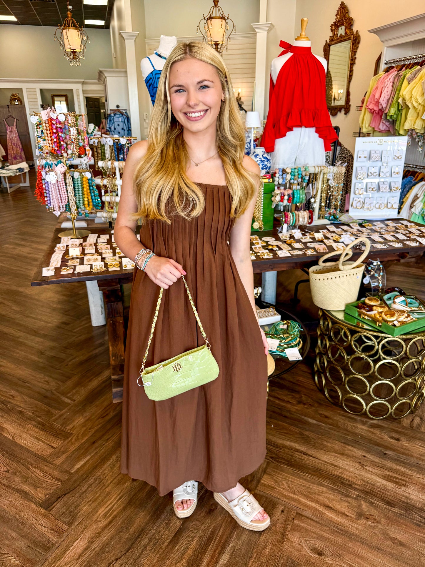 Pintuck Brown Midi Dress