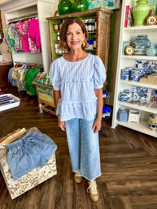 Silly Sally Stripe Top: Baby Blue