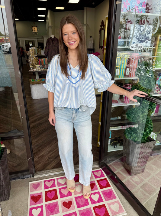 Striped Lace Trim Top: Blue