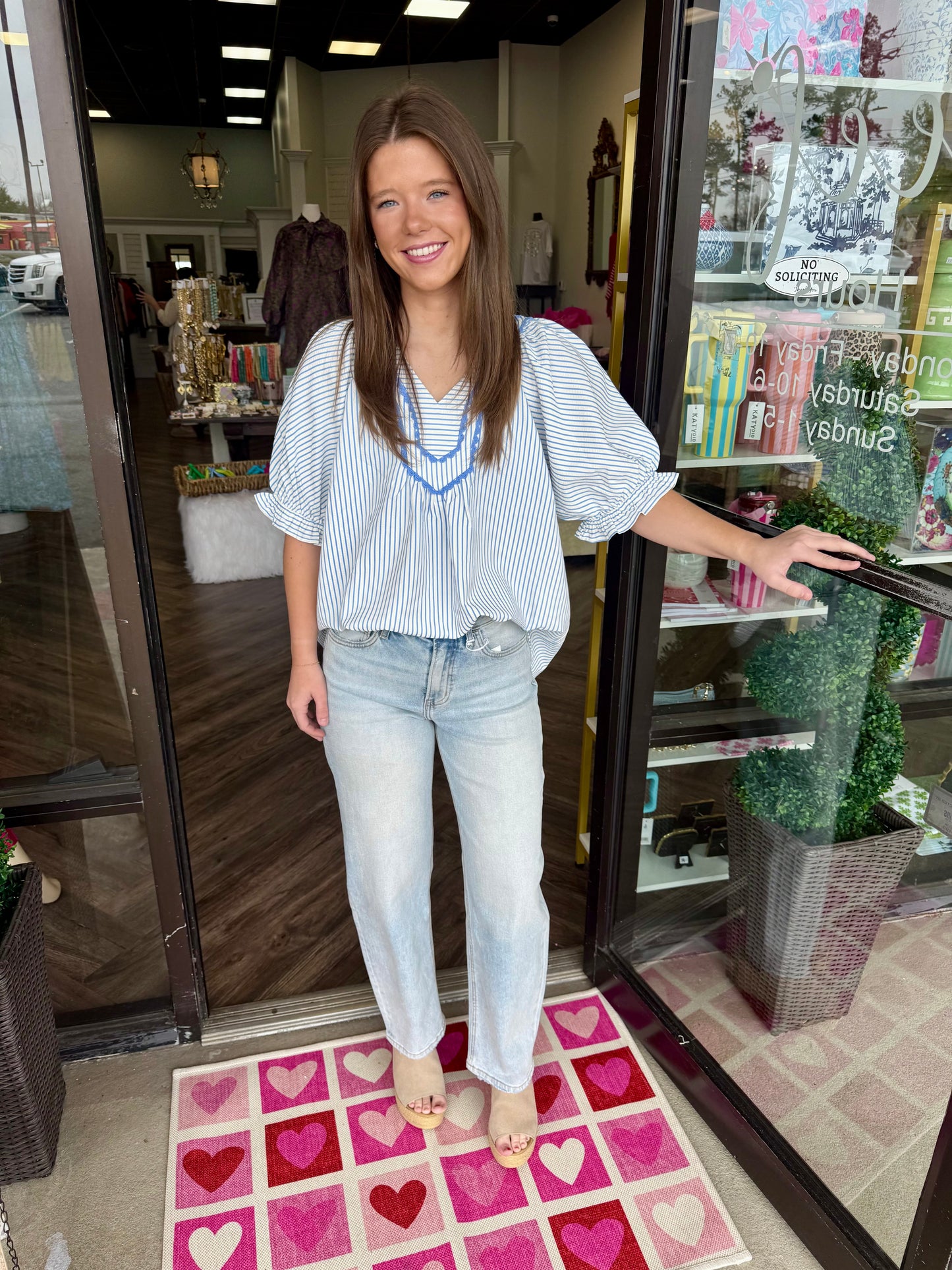 Striped Lace Trim Top: Blue