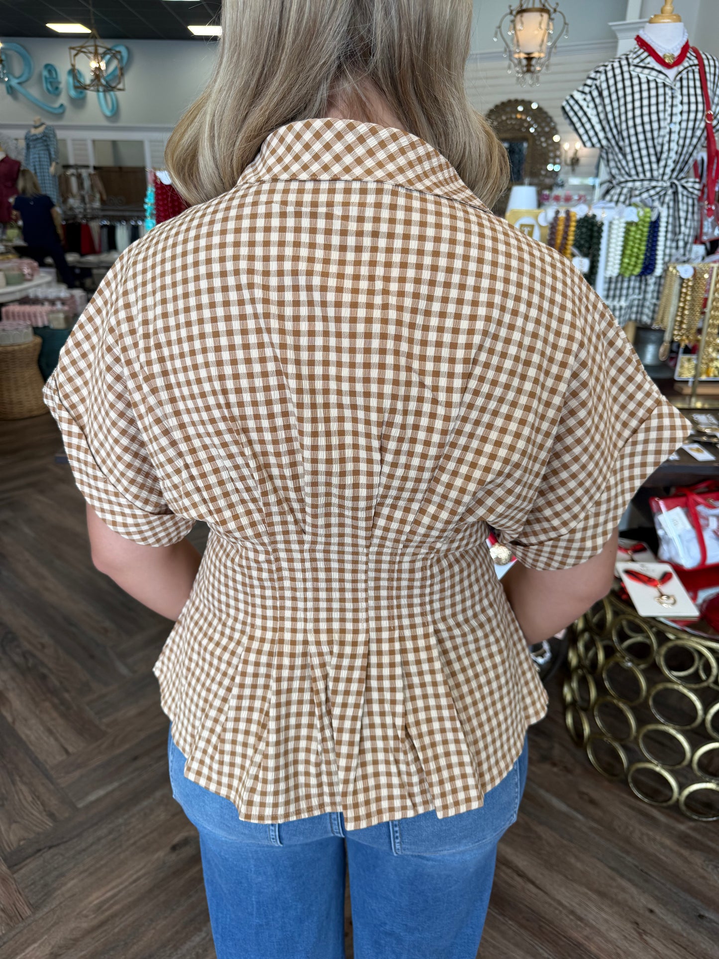 Fall Plaid Peplum Top: Tan