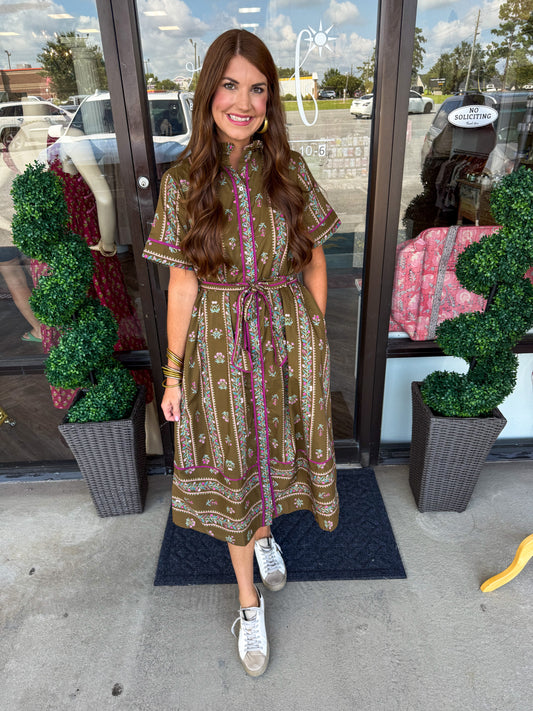 Emily Gray Border Dress: Brown