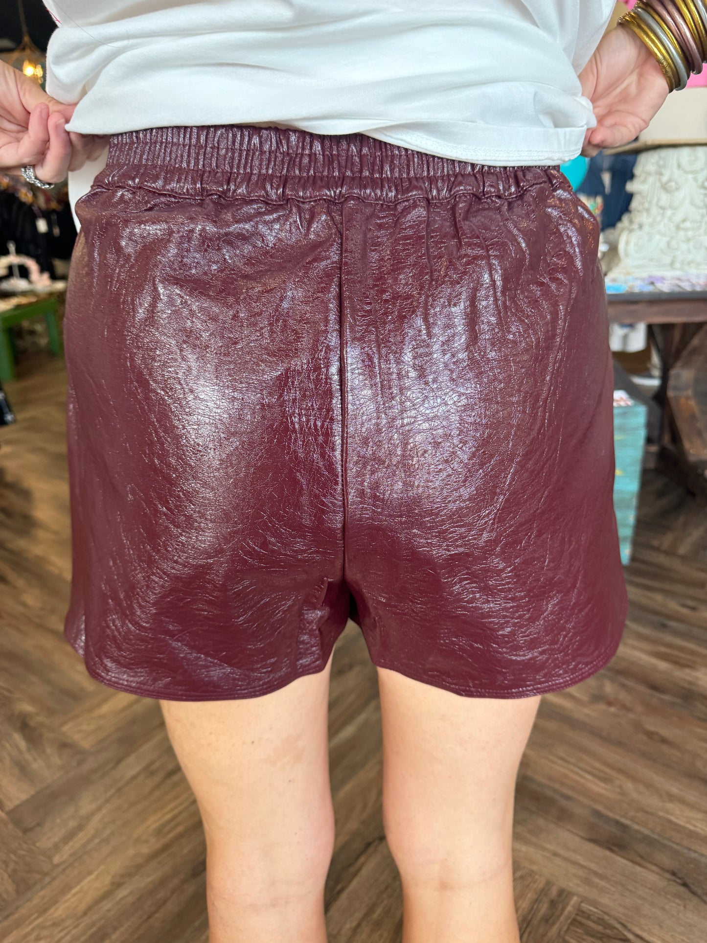 Shiny Leather Shorts: Maroon