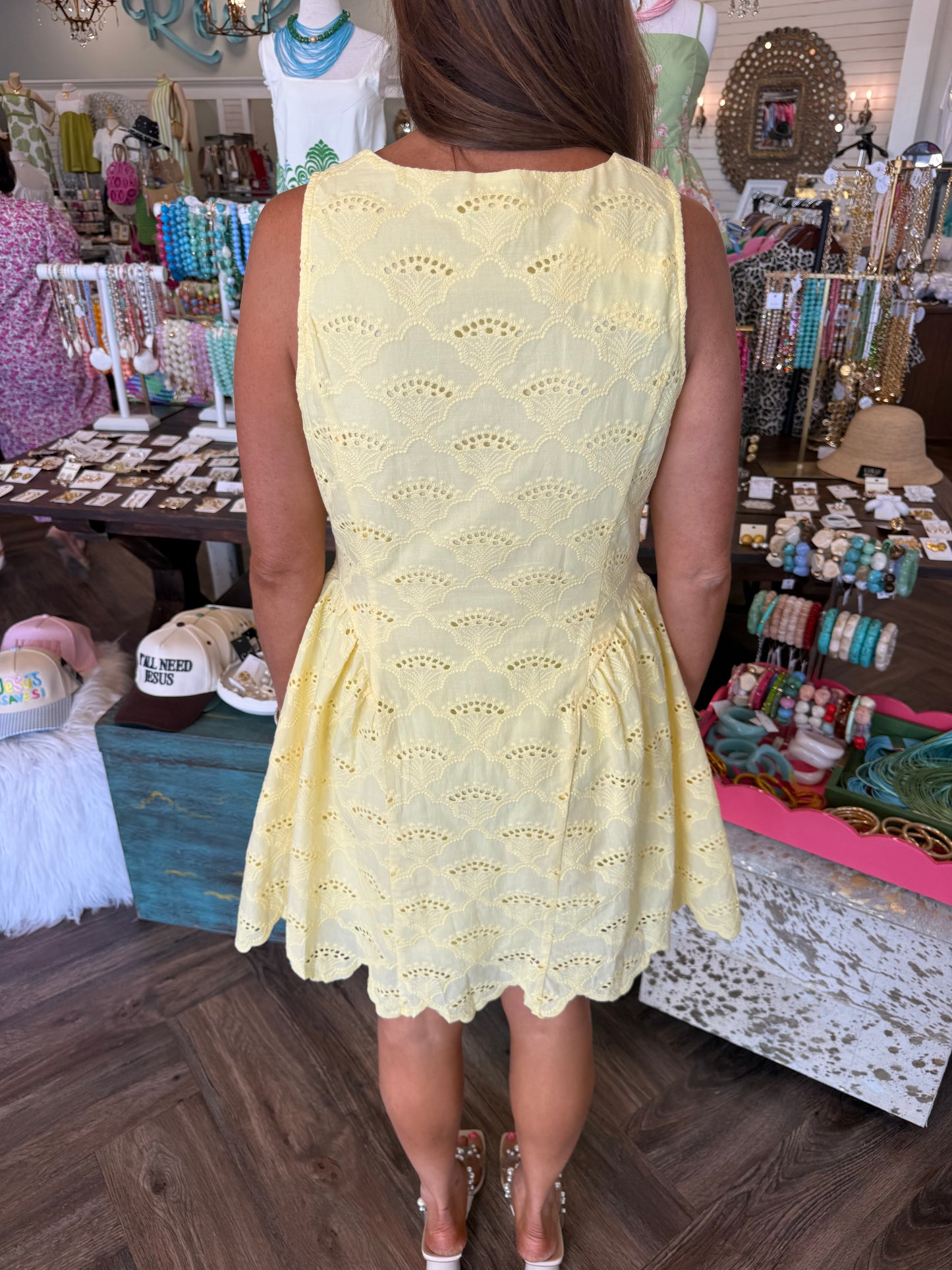 Eyelet Lace Scalloped Dress: Lemon