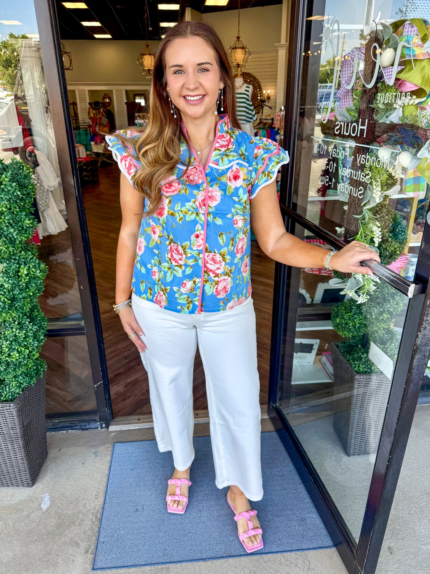 Coral Rose Button Top