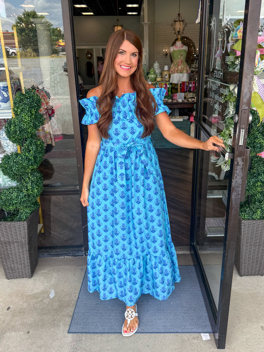 Blue Beauty Off The Shoulder Midi Dress