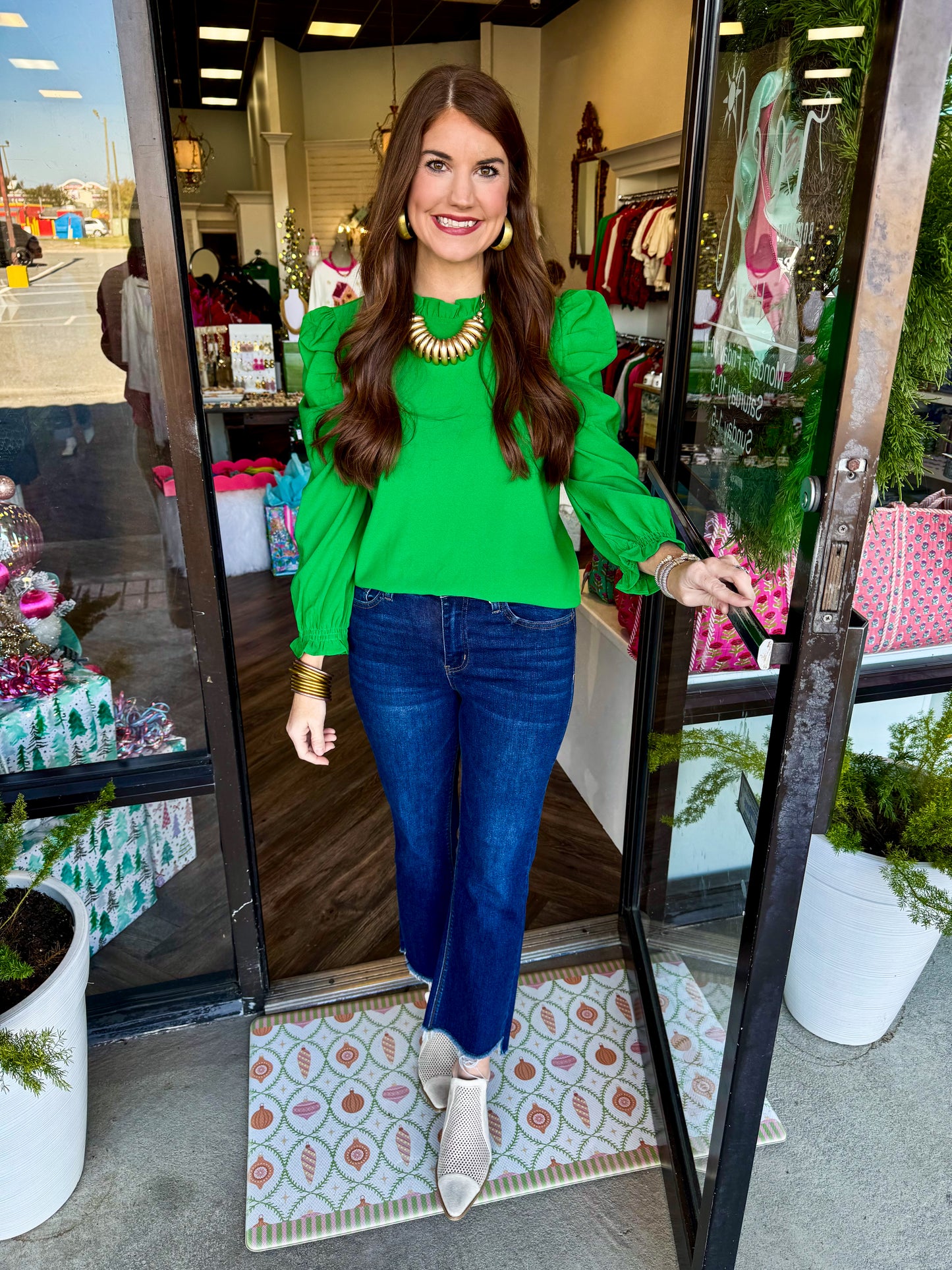 Marla Ruffle Puff Blouse: Green