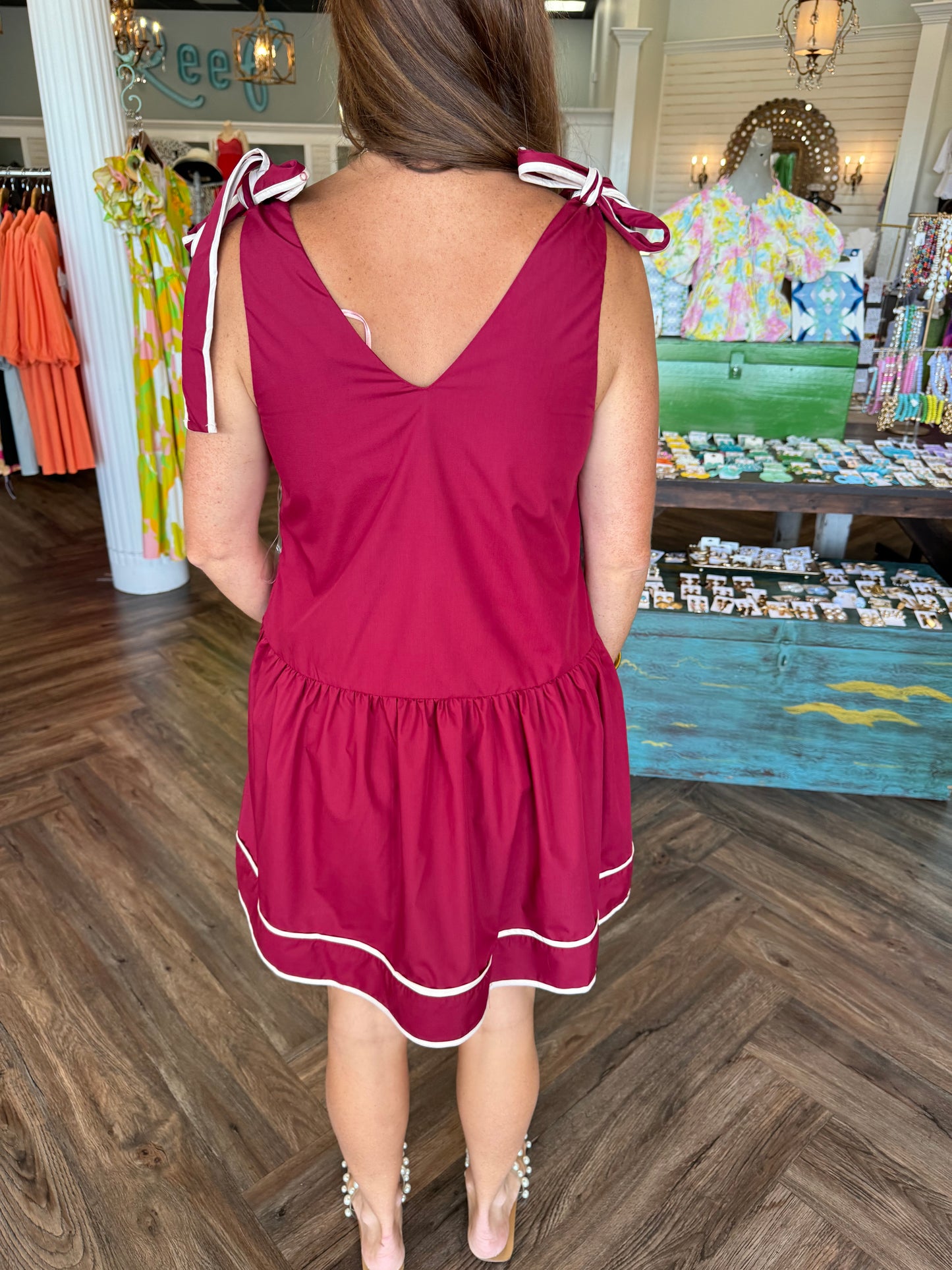 Simple Tie Tank Dress: Maroon