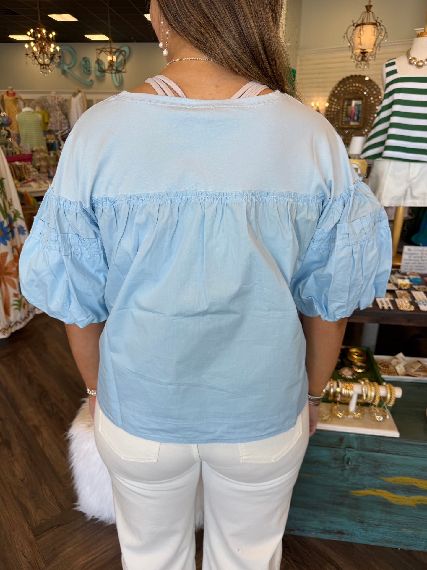 Pleated Puff Sleeve Top: Blue