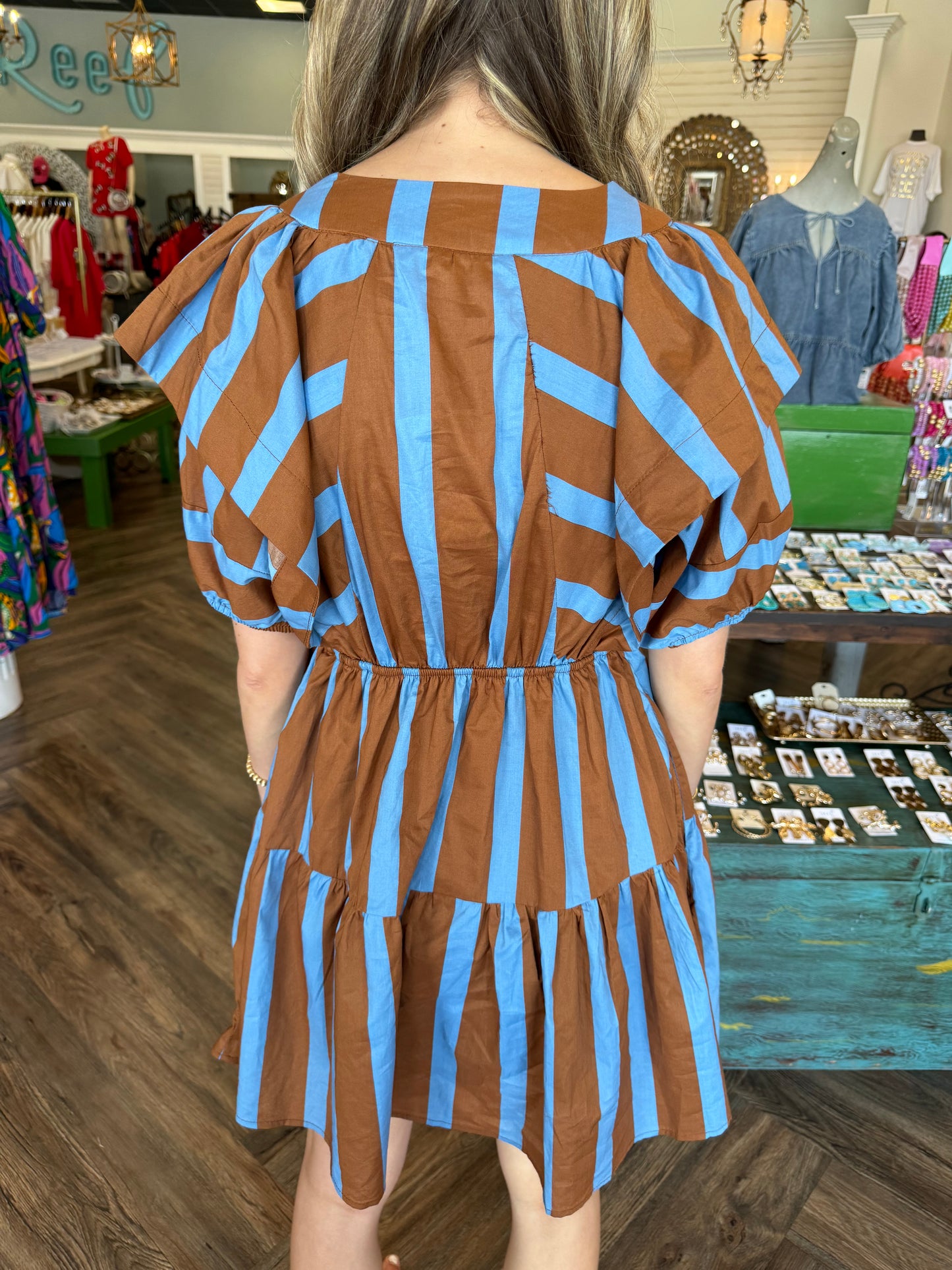 Blue and Brown Striped Dress