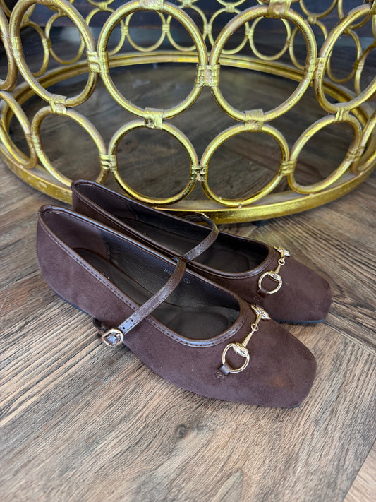 Mary Jane Horsebit Brown Suede Flats