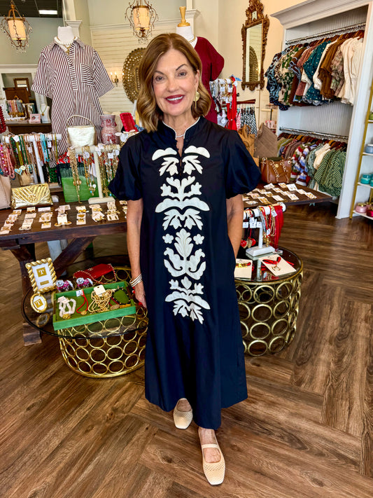 Ivory/Black Embroidered Midi Dress