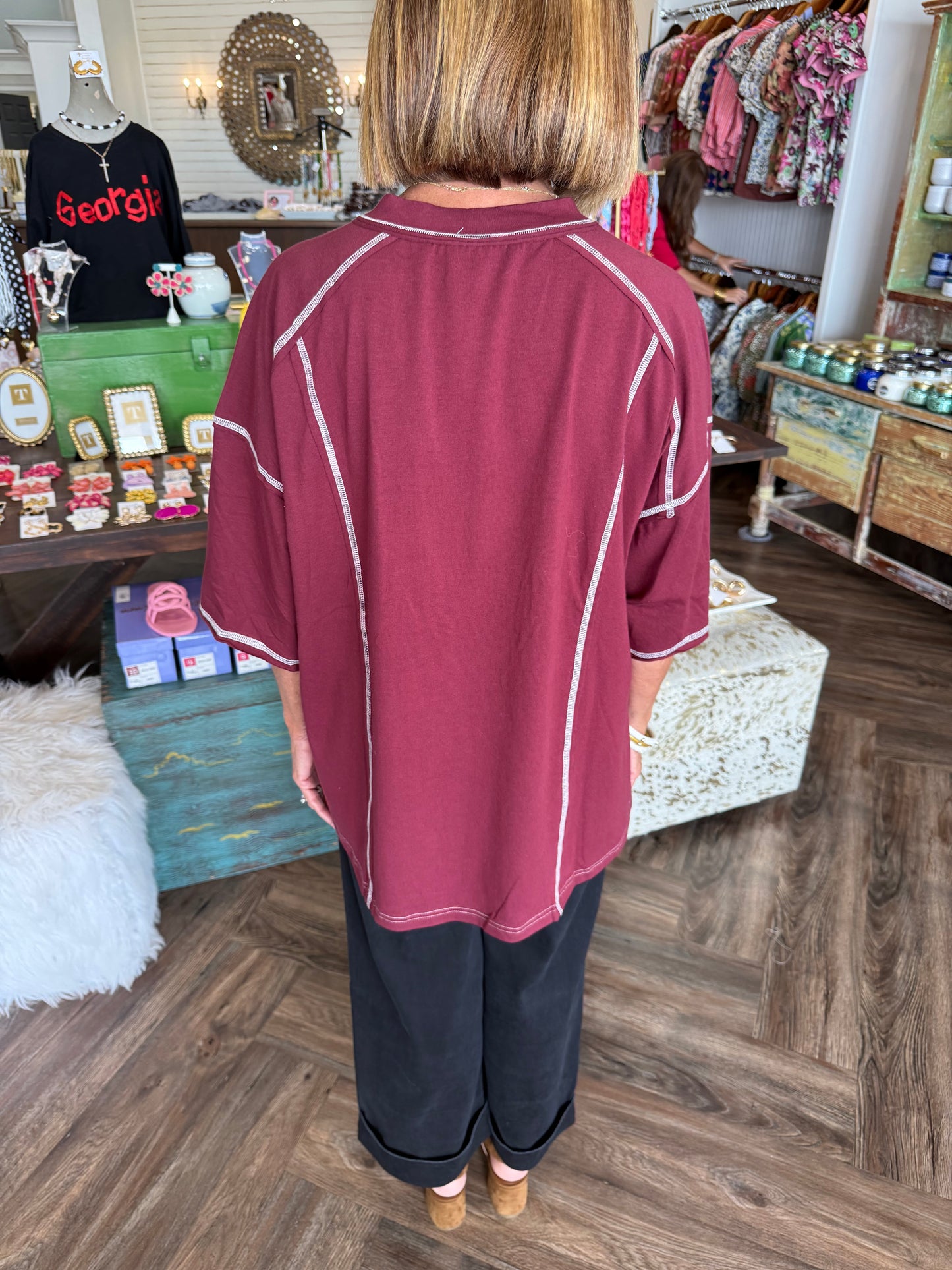 Relaxed Button Henley Top: Burgandy