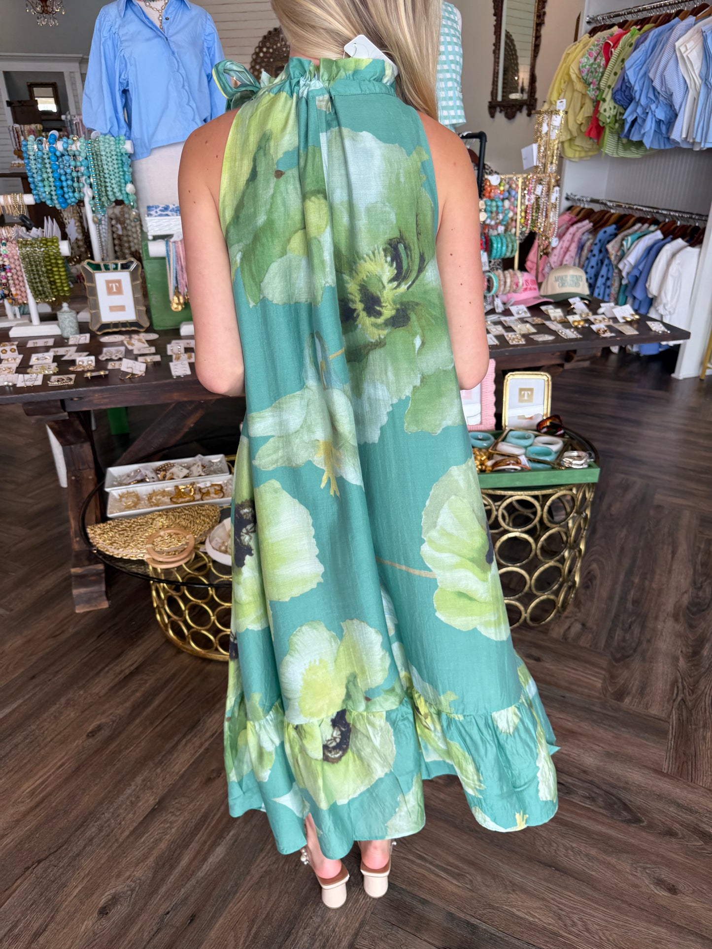Neck Tie Fancy Garden Midi Dress: Sage
