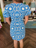 Blue/White Design Puff Sleeve Dress
