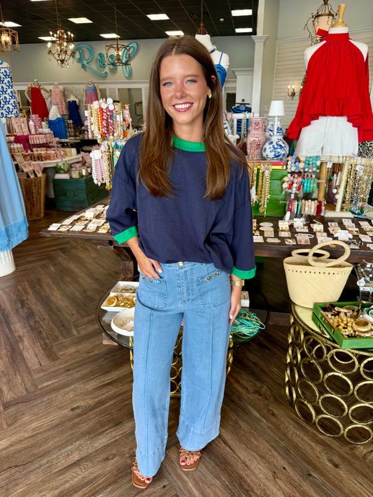 Oversized Colorblock Top: Navy