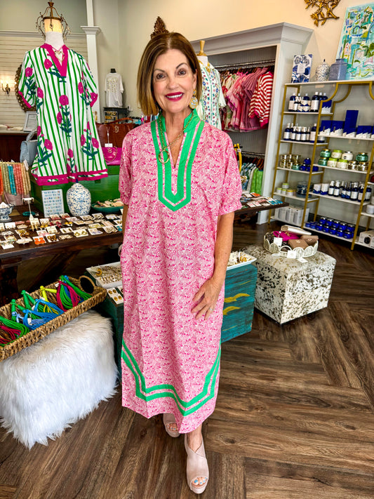 Flower Green Trim Pink Midi Dress