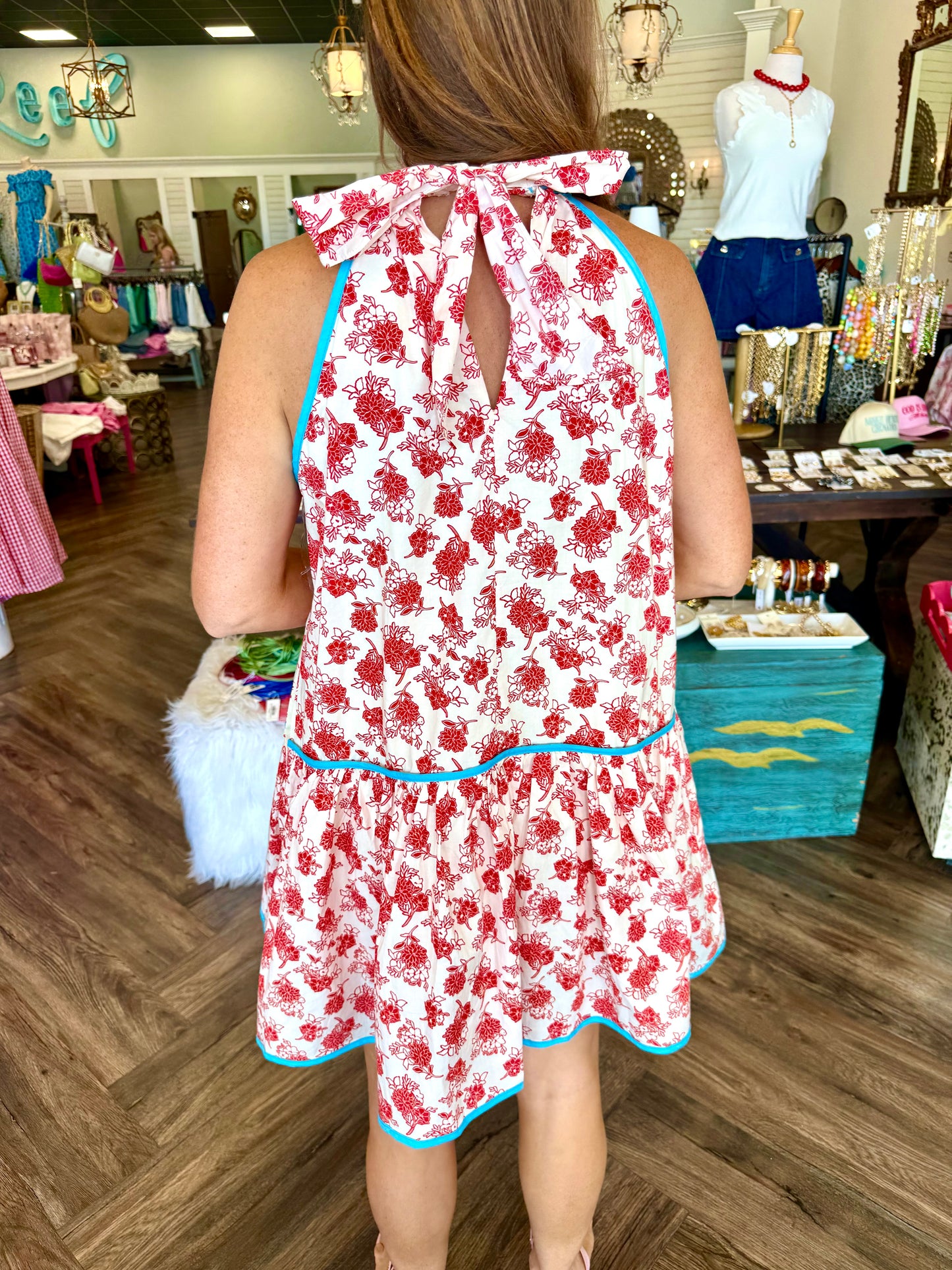 Red Hydrangea Blue Trim Halter Mini