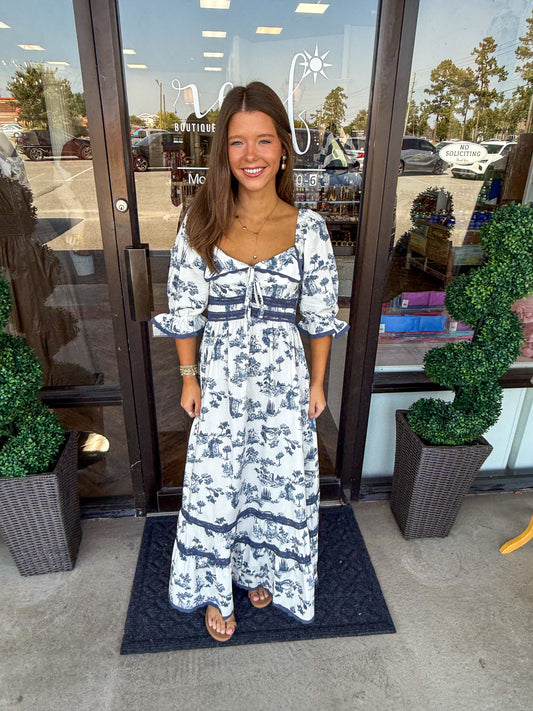 Navy Toile Lace Midi Dress