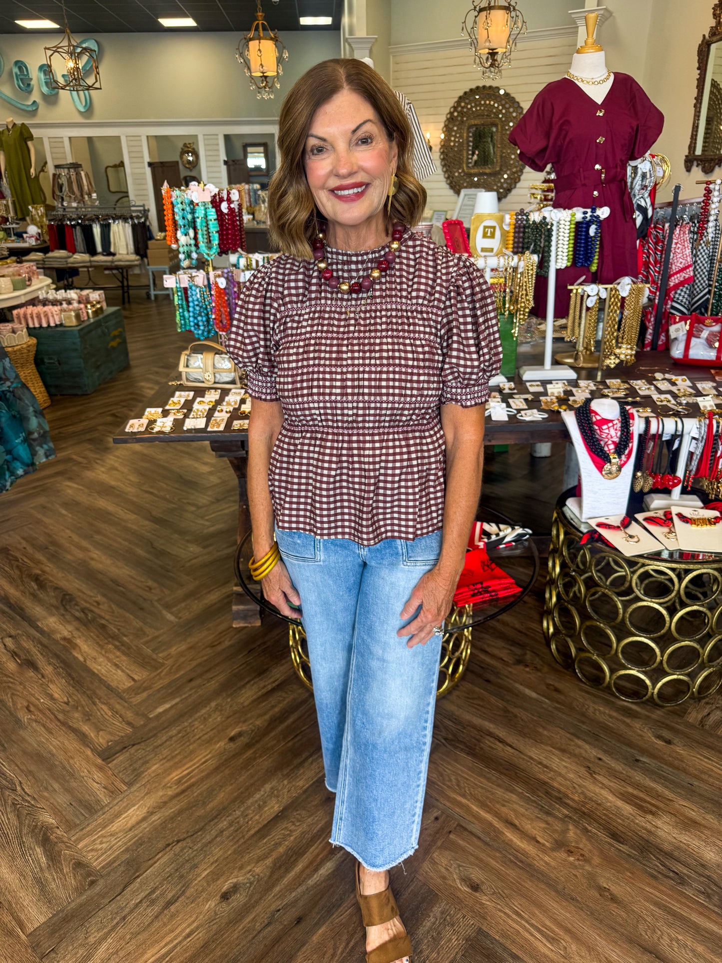 Plaid Smocked Puff Sleeve Top: Burgandy