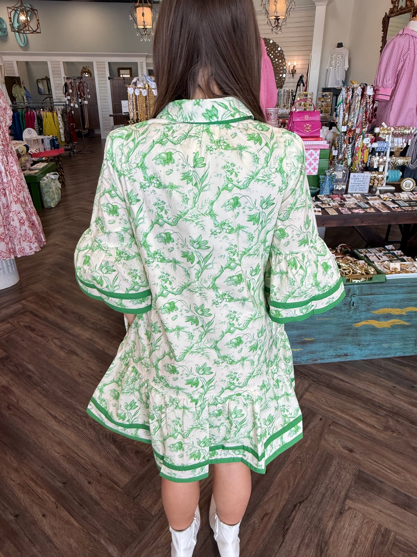 Green Floral Button Dress