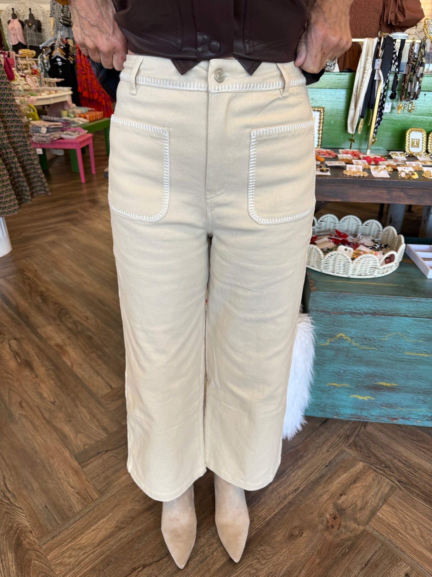 Sally Stitched Pants: Cream