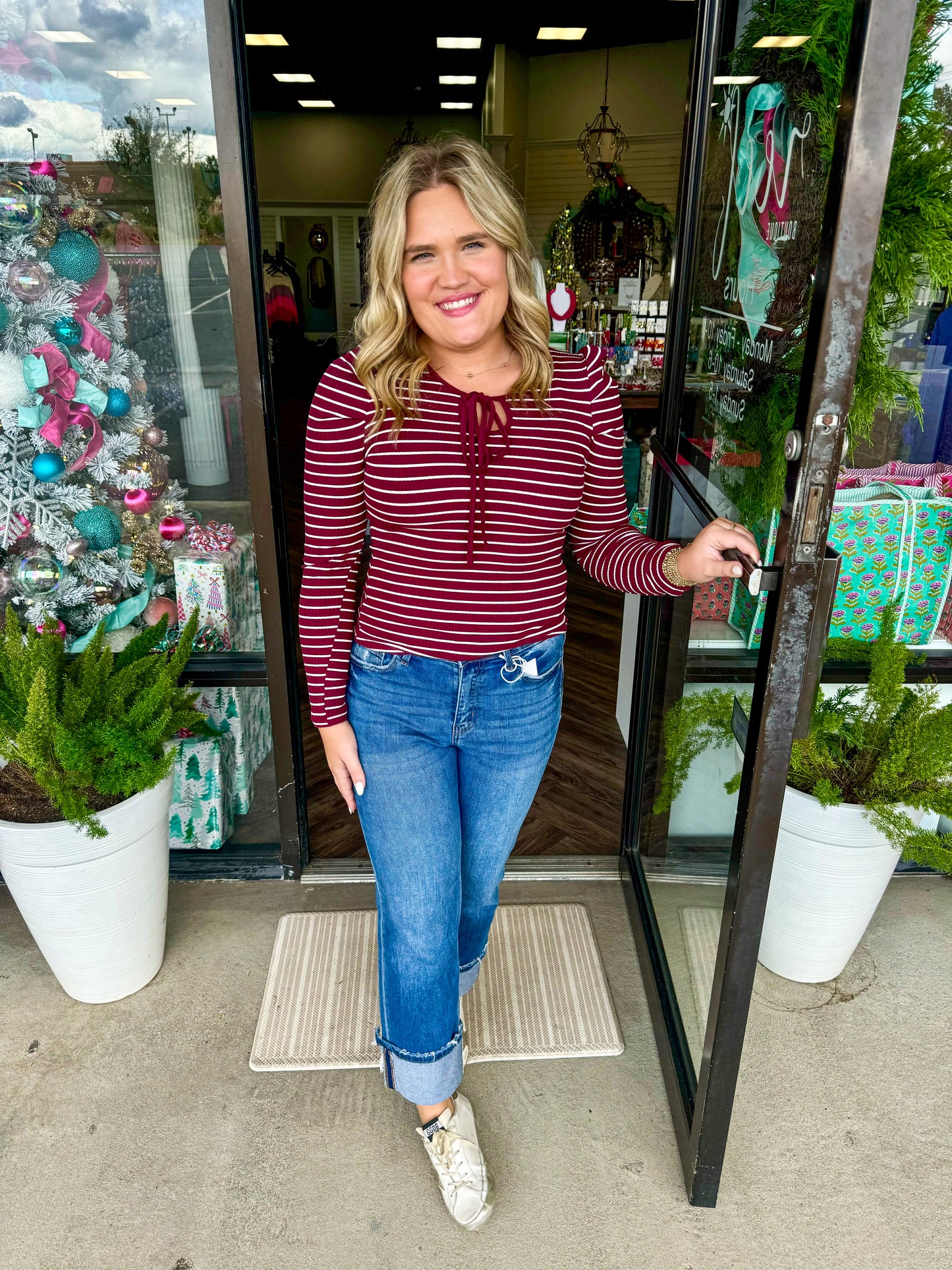 Maroon Striped Tie Long Sleeve Top