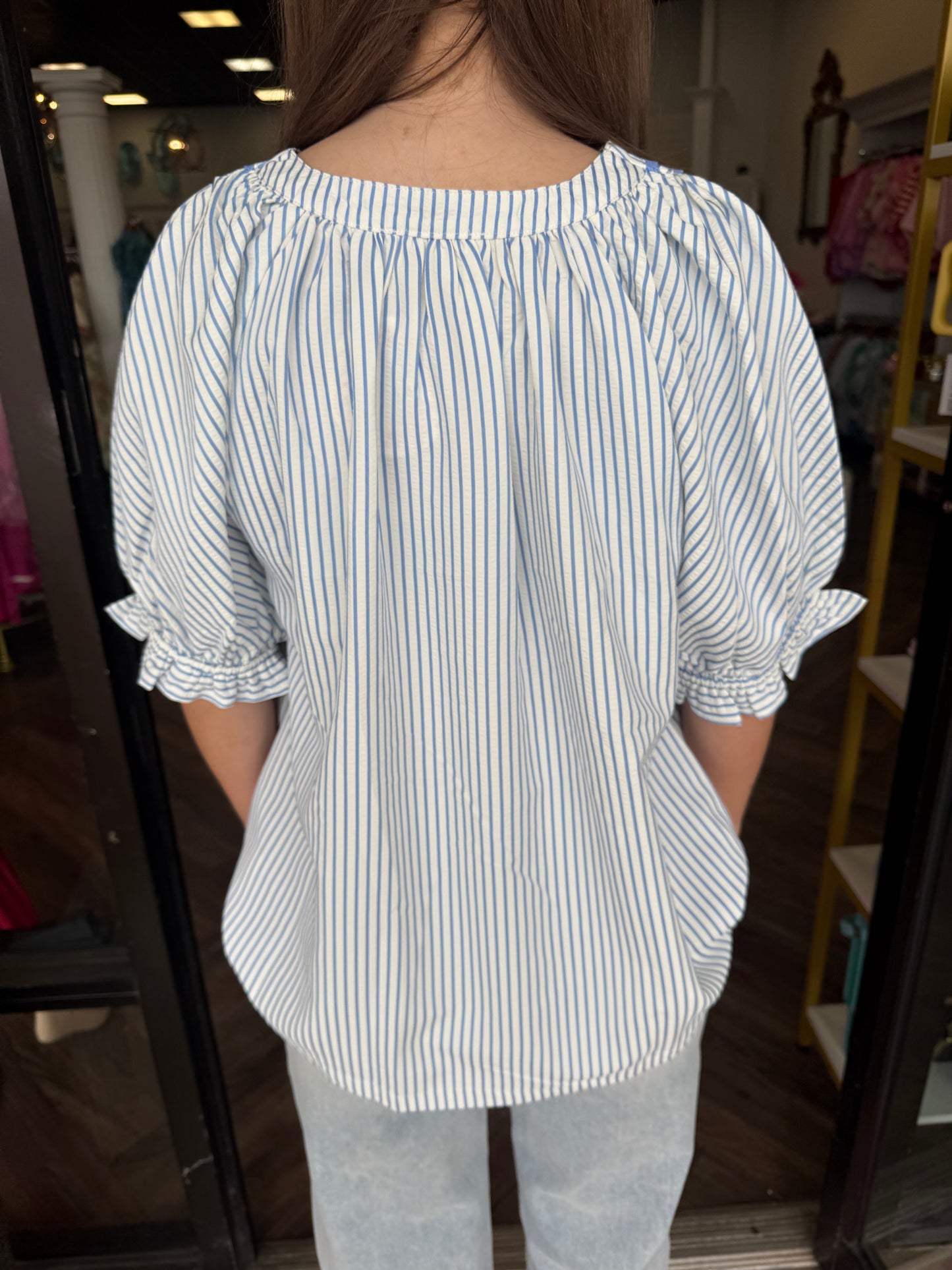 Striped Lace Trim Top: Blue