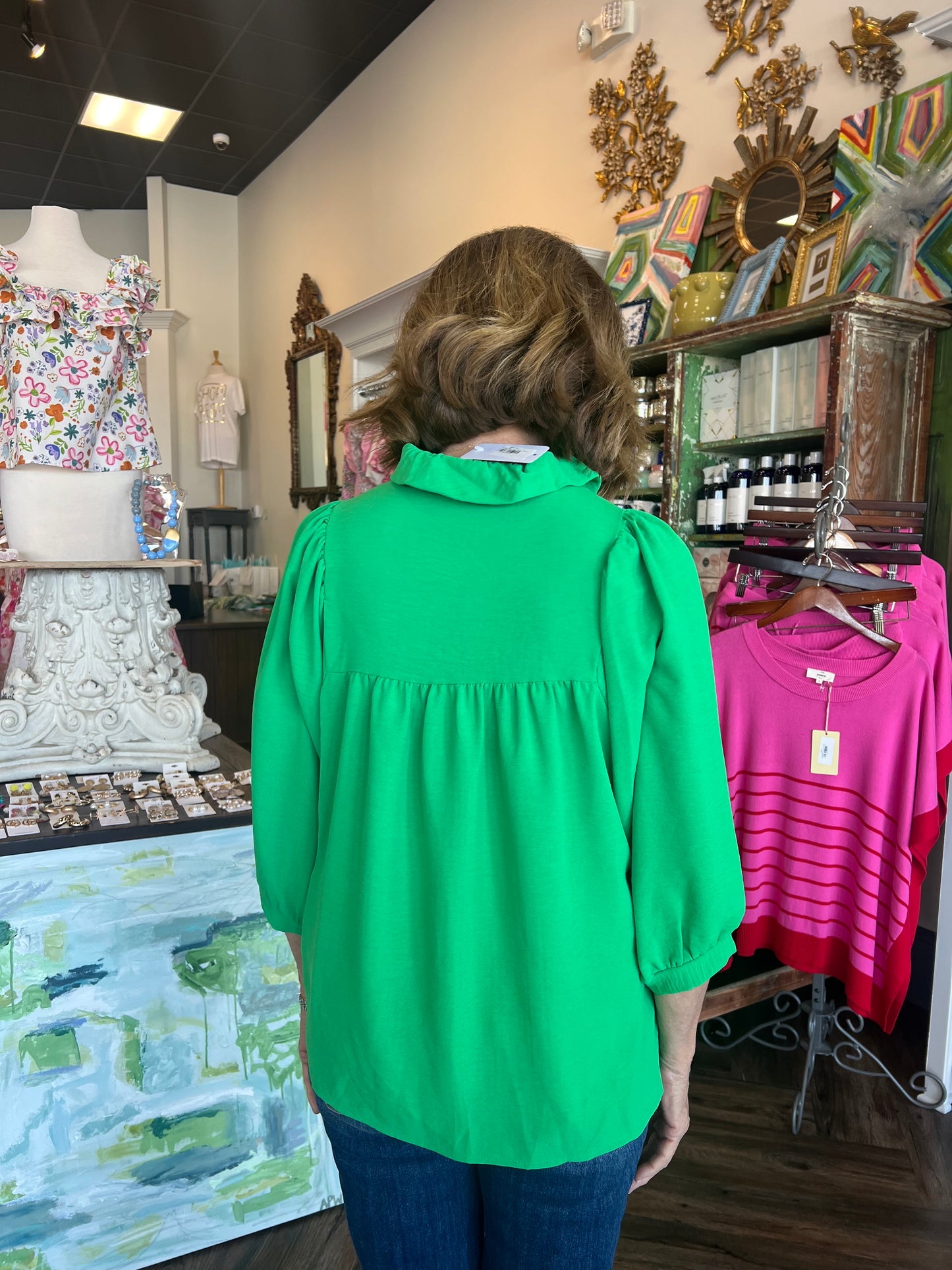 Mandy Ruffle Collar Top: Green