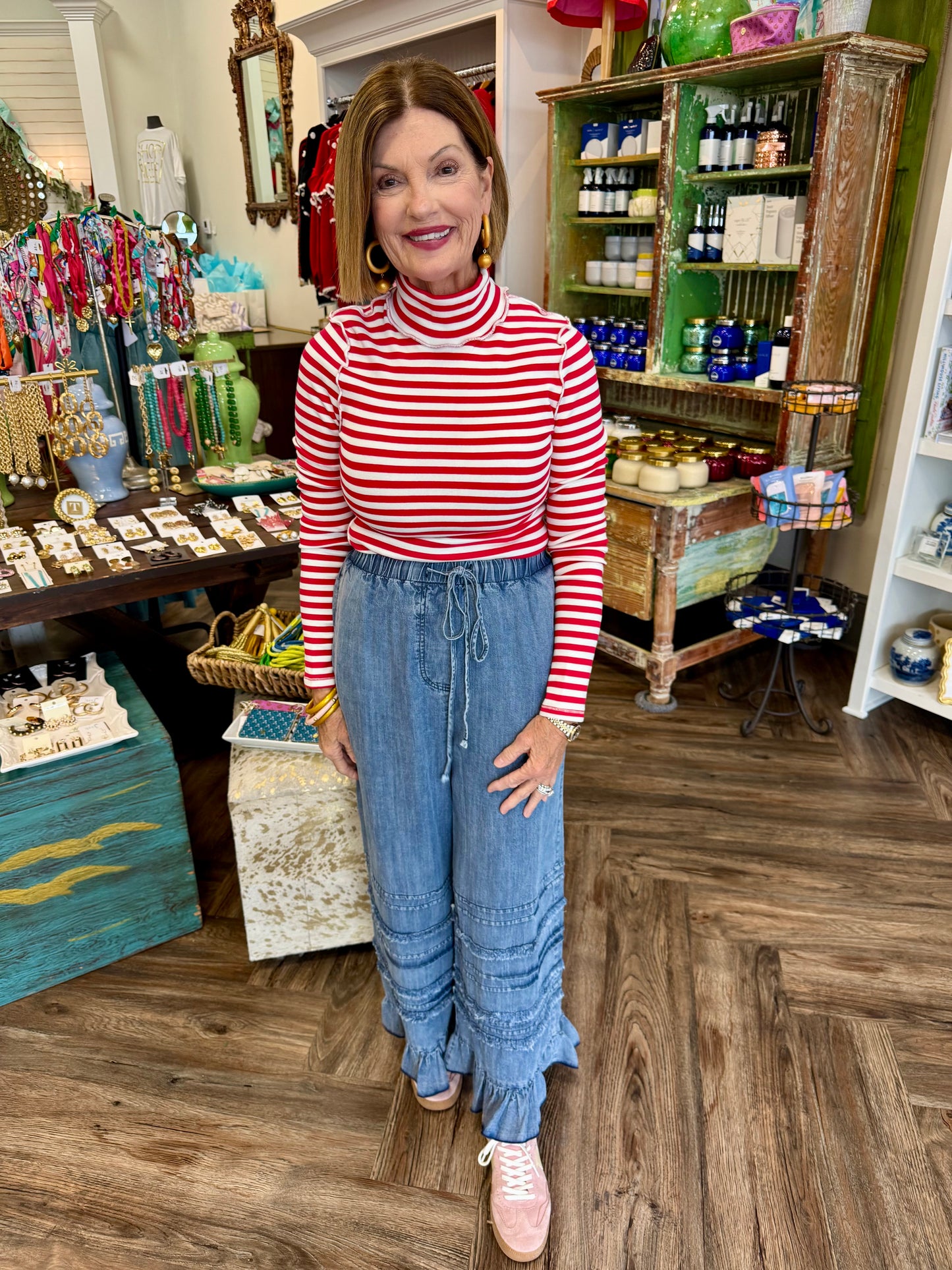 Flared Ruffle Chambray Pants