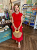 Cotton Synched Midi Dress: Red