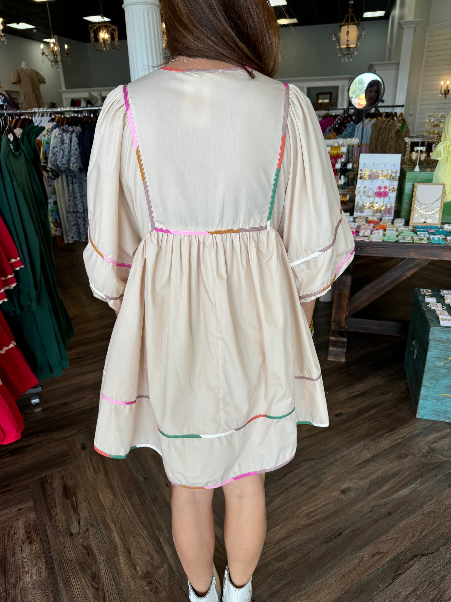 Colorful Trim Dress: Cream