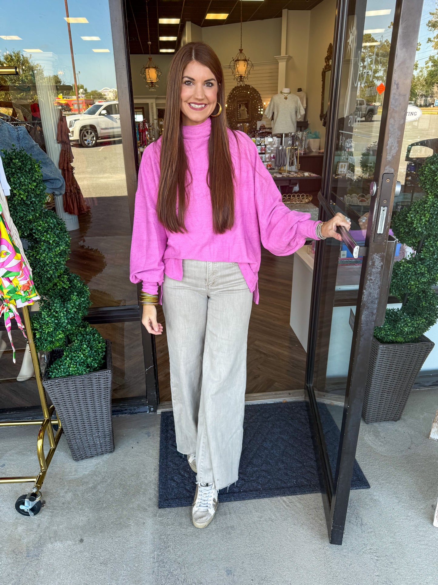 Megan Balloon Sleeve Top: Pink