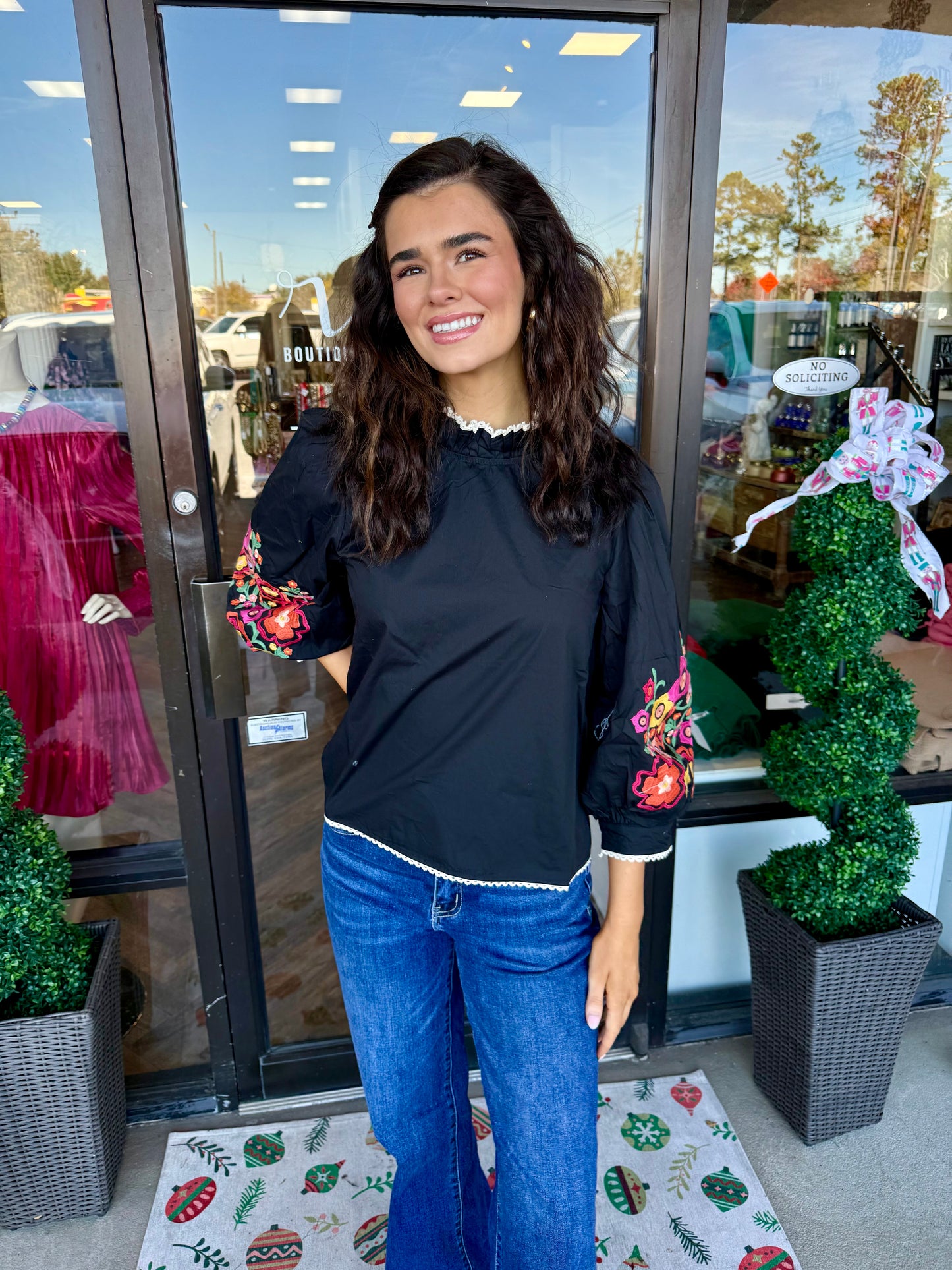 Lace Trim Embroidered Top: Black