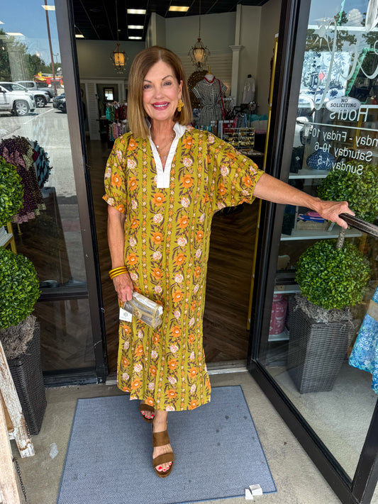 Golden Olive Blooms Midi Dress
