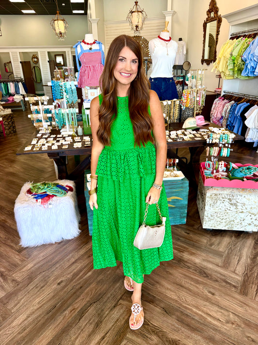 Ella Eyelet Midi Dress: Green