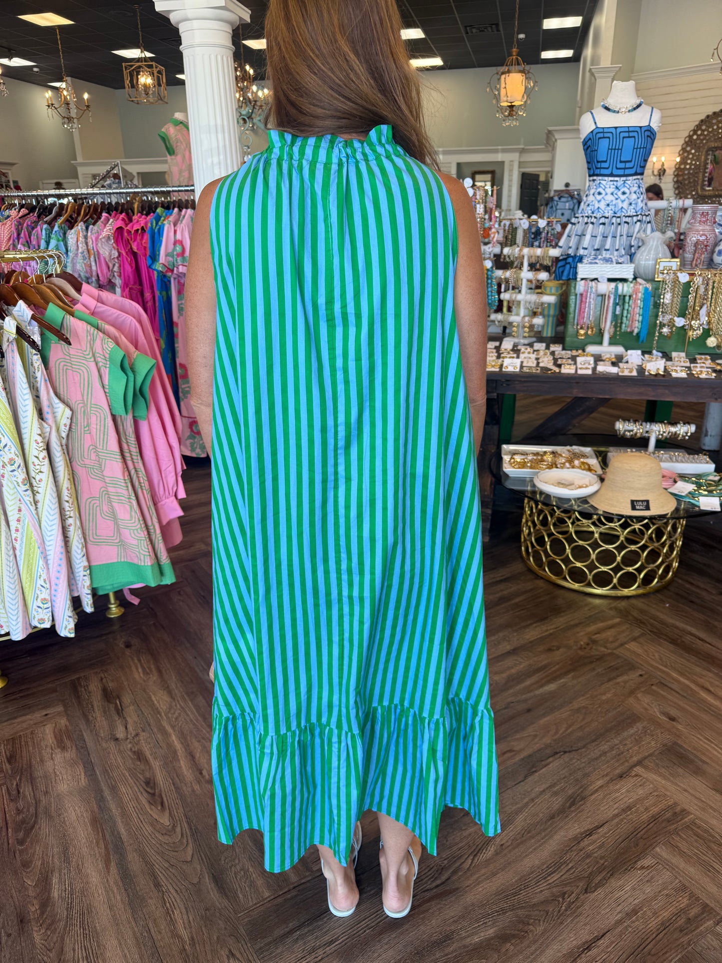 Green/Blue Tie Stripe Midi Dress