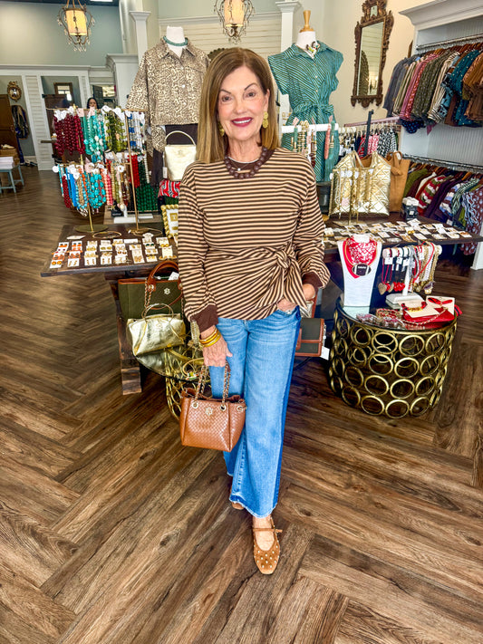 Buttery Stripe Tie Top: Tan/Brown