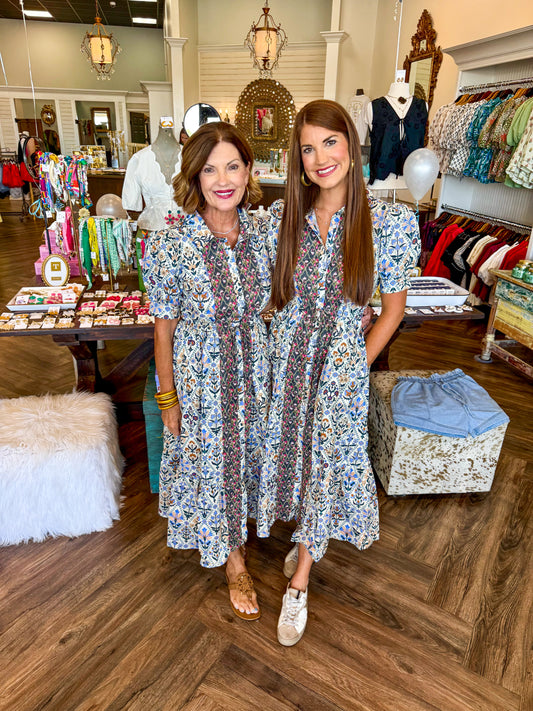 Diamond Pattern Floral Midi Dress: Blue