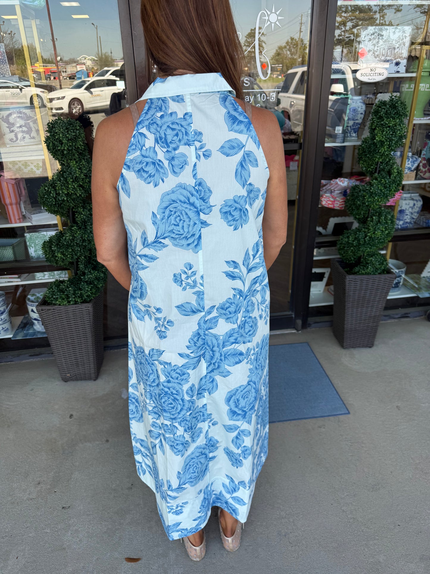 Collar White and Blue Floral Midi Dress
