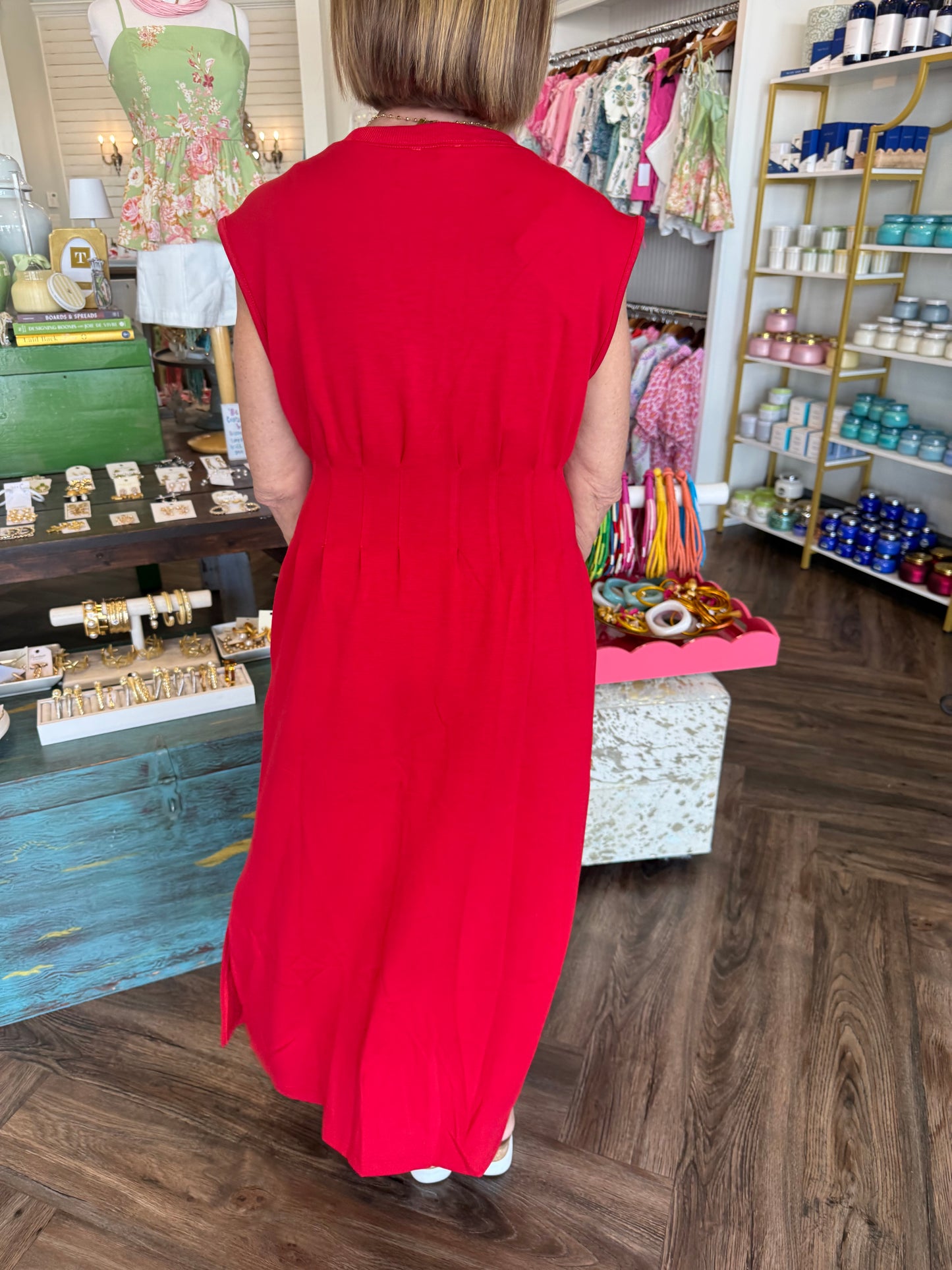 Cotton Synched Midi Dress: Red