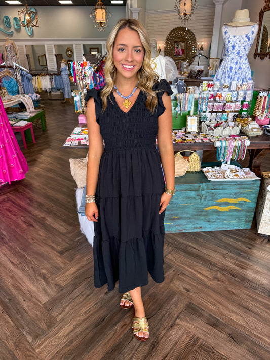 Shirred Top Midi Dress: Black