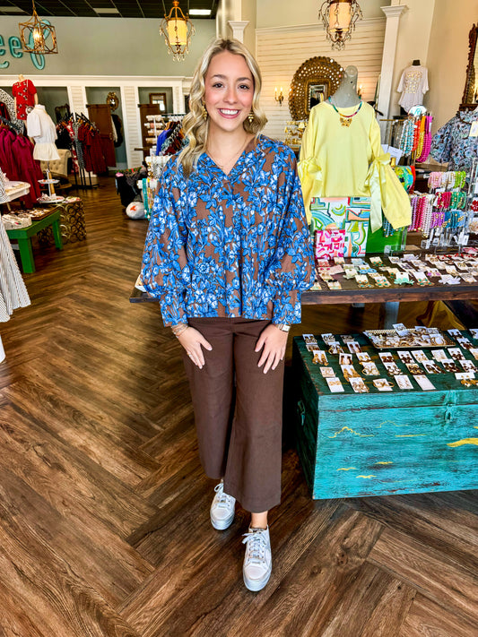 Brown Blue Floral Top