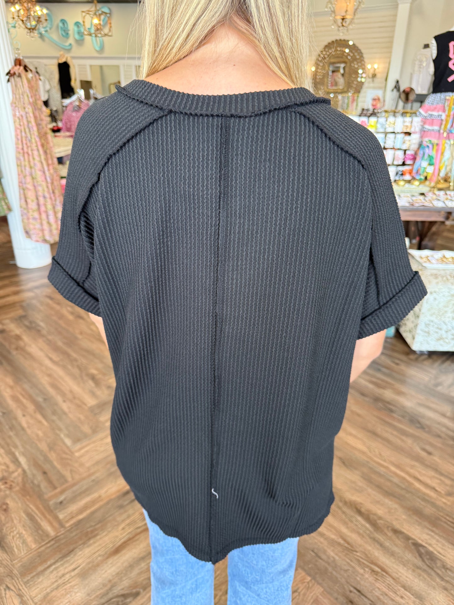 V-Neck Corded Top- Black