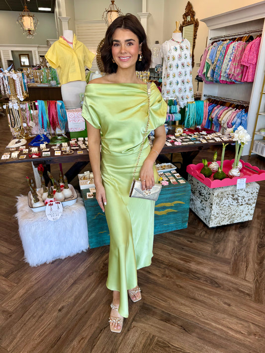 Satin Draped Maxi Dress: Green