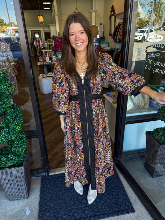 Floral Paisley Zip Midi Dress: Black
