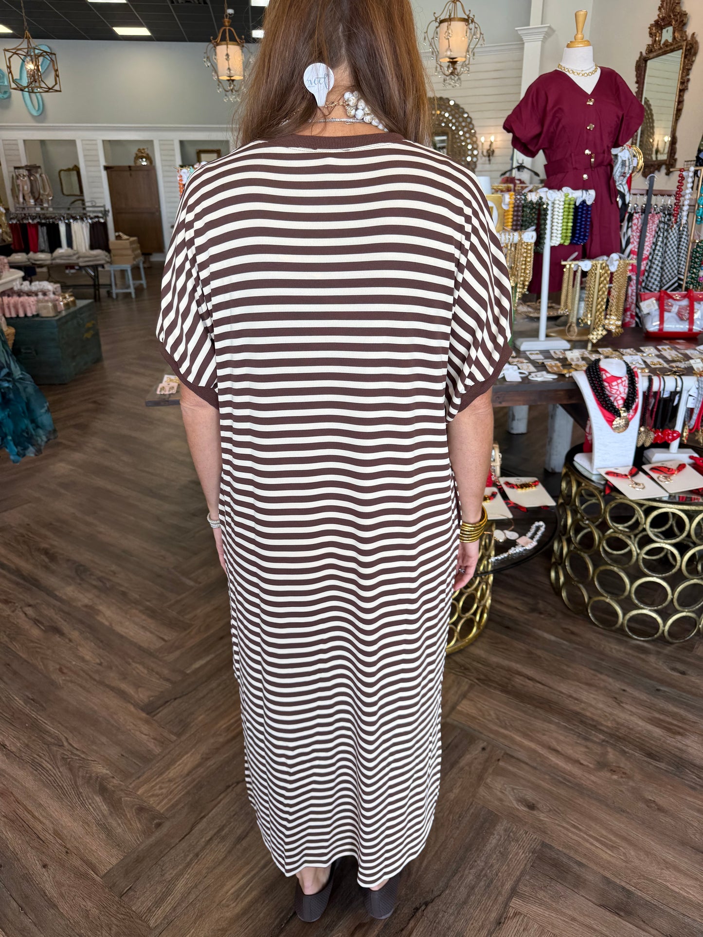 Cozy Days Striped Midi Dress: Brown